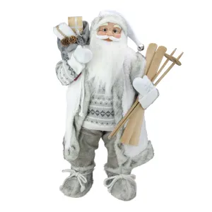 24" Classic Skiing Pure White and Gray Standing Santa Claus Christmas Figure