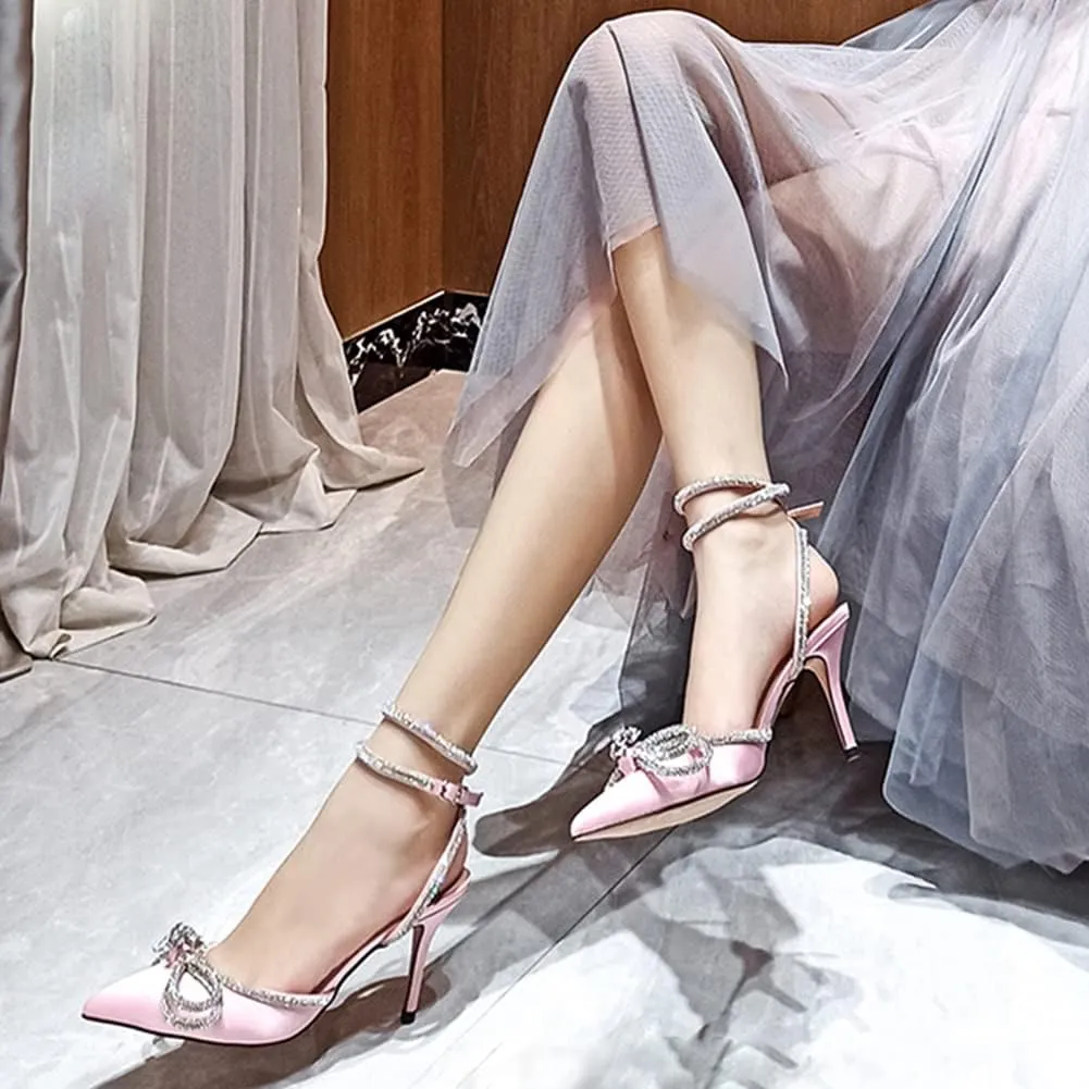 AMINUGAL Womens Rhinestones Bow Heeled Sandals Ankle Strap Slingback Pointed Toe Stiletto High Heels Pumps Shoes For Wonen