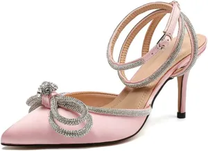 AMINUGAL Womens Rhinestones Bow Heeled Sandals Ankle Strap Slingback Pointed Toe Stiletto High Heels Pumps Shoes For Wonen