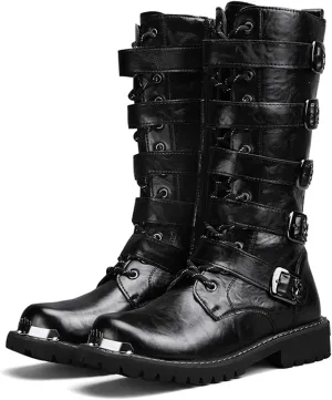 CHUUMEE Men's Wear Resistant Cycling Motorcycle Boots Side Zipper Waterproof Biker Riding Punk Rock Metal Toe Cowboy Western Tactical Army Boot
