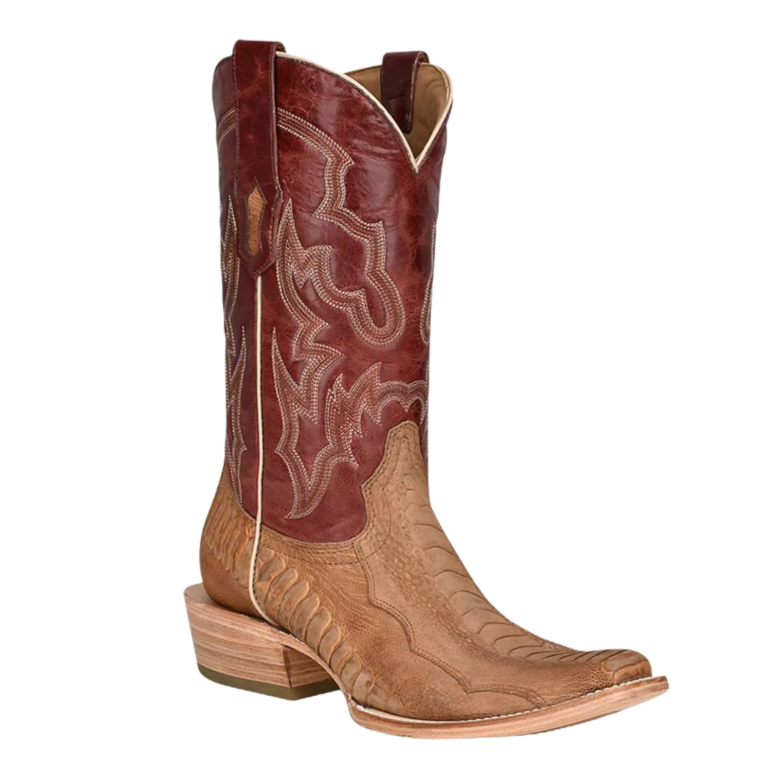Corral Men's Ostrich Leg Tan & Red Narrow Square Toe Boots A4293