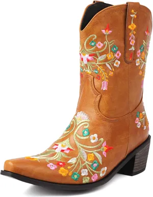KiutSymo Cowboy Boots for Women Booties Ankle Cowgirl Boots Short Boots Square Toe Western Boots Flower Embroidered Chunky Heel Pull On Mid Calf Boots