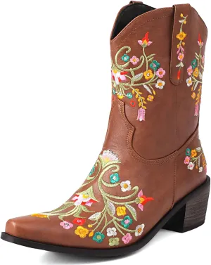 KiutSymo Cowboy Boots for Women Booties Ankle Cowgirl Boots Short Boots Square Toe Western Boots Flower Embroidered Chunky Heel Pull On Mid Calf Boots
