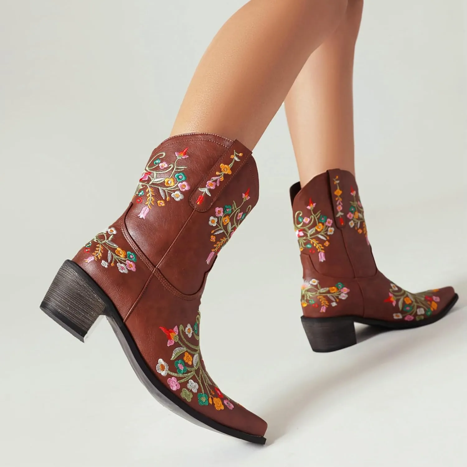 KiutSymo Cowboy Boots for Women Booties Ankle Cowgirl Boots Short Boots Square Toe Western Boots Flower Embroidered Chunky Heel Pull On Mid Calf Boots