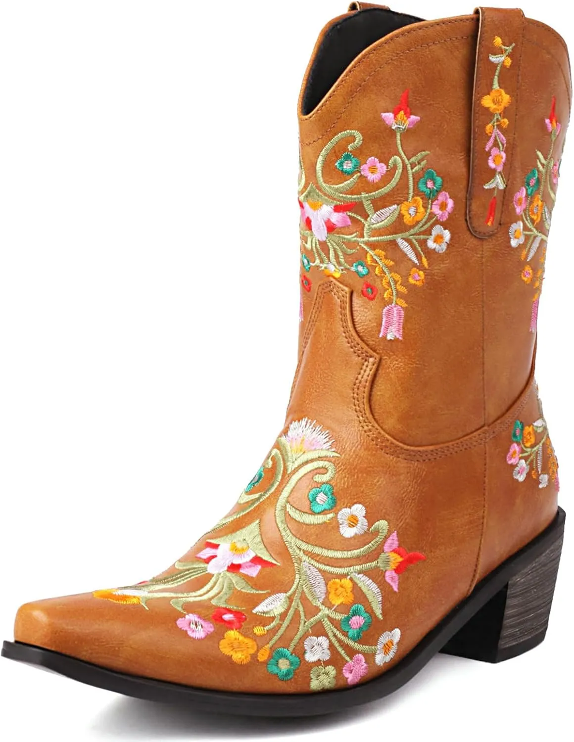 KiutSymo Cowboy Boots for Women Booties Ankle Cowgirl Boots Short Boots Square Toe Western Boots Flower Embroidered Chunky Heel Pull On Mid Calf Boots