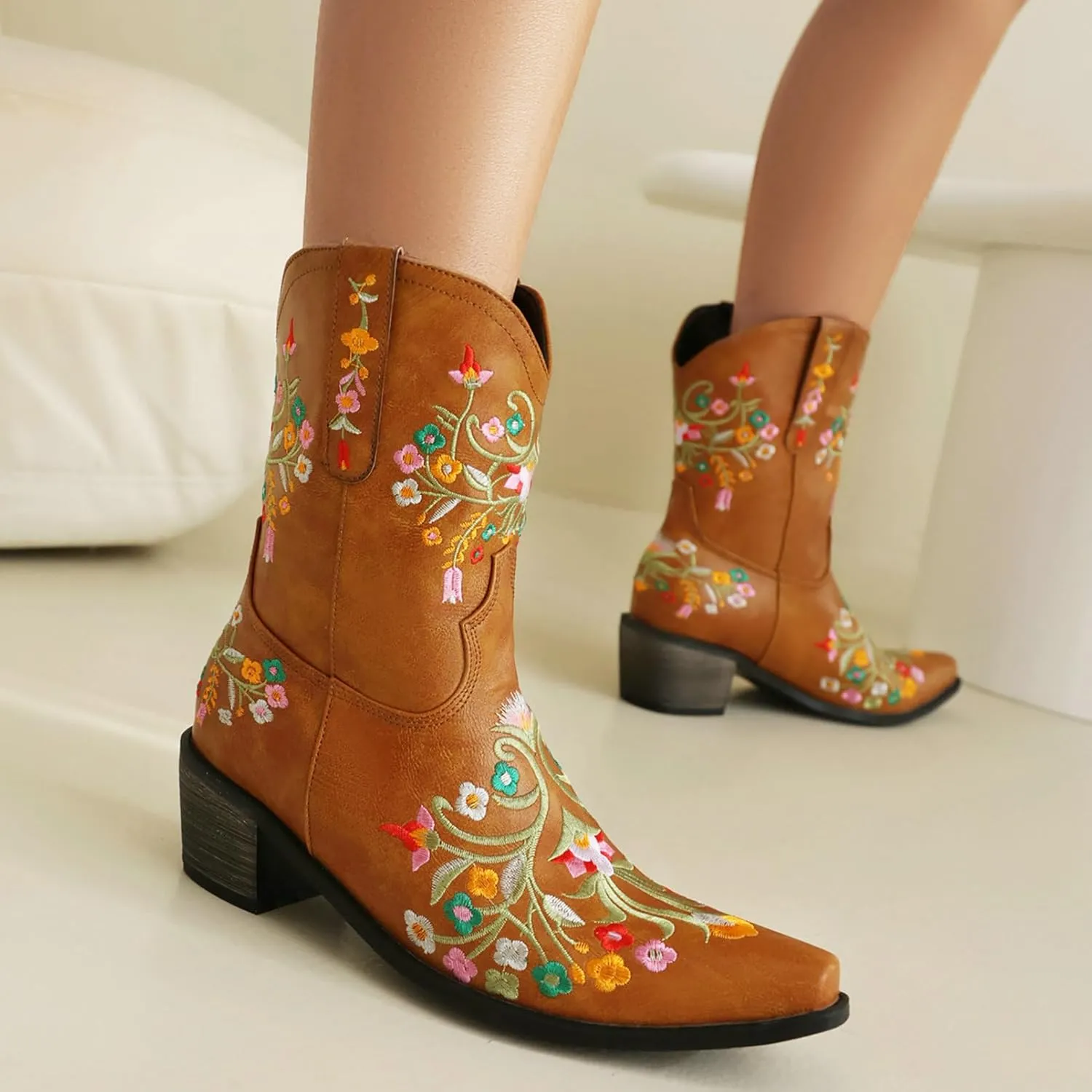 KiutSymo Cowboy Boots for Women Booties Ankle Cowgirl Boots Short Boots Square Toe Western Boots Flower Embroidered Chunky Heel Pull On Mid Calf Boots