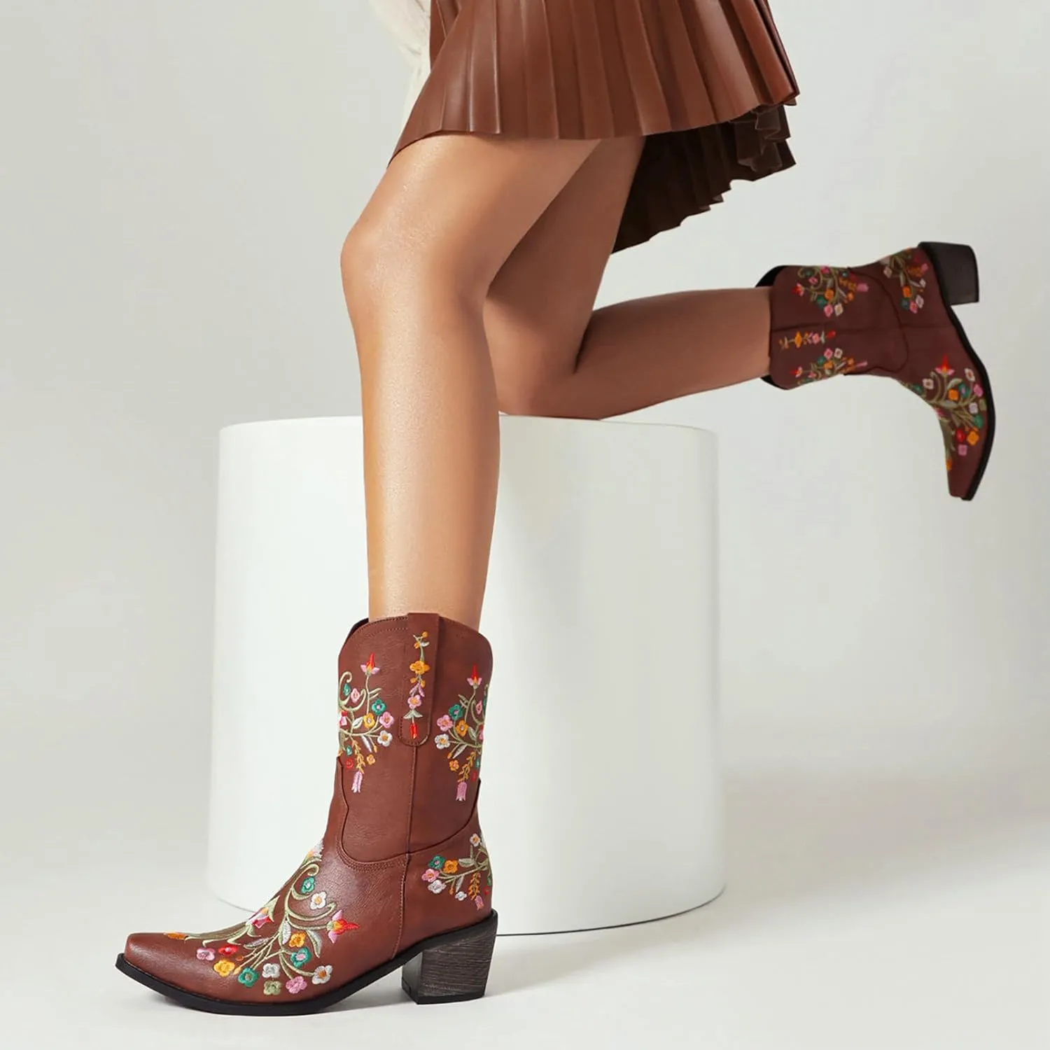 KiutSymo Cowboy Boots for Women Booties Ankle Cowgirl Boots Short Boots Square Toe Western Boots Flower Embroidered Chunky Heel Pull On Mid Calf Boots