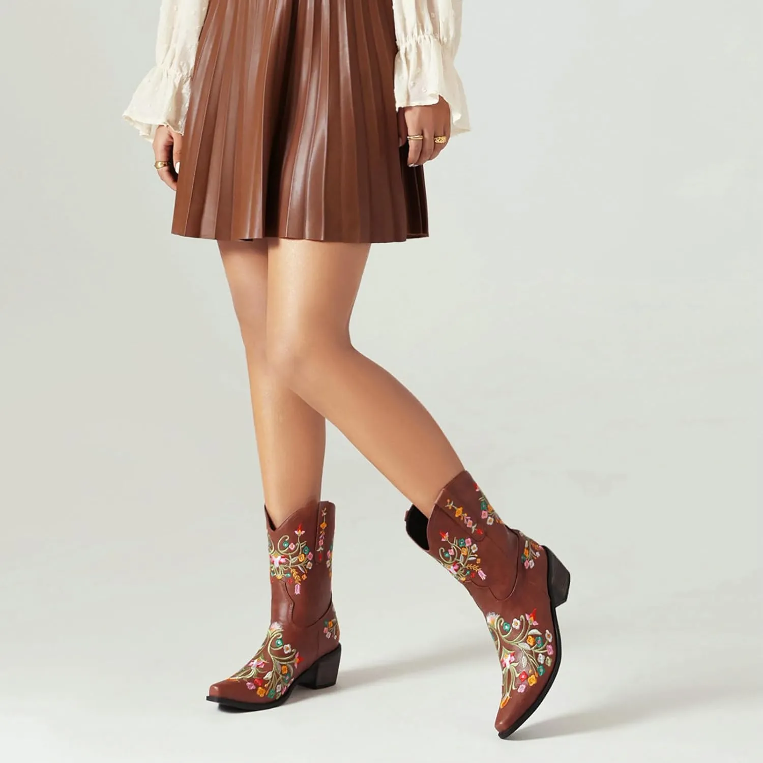 KiutSymo Cowboy Boots for Women Booties Ankle Cowgirl Boots Short Boots Square Toe Western Boots Flower Embroidered Chunky Heel Pull On Mid Calf Boots