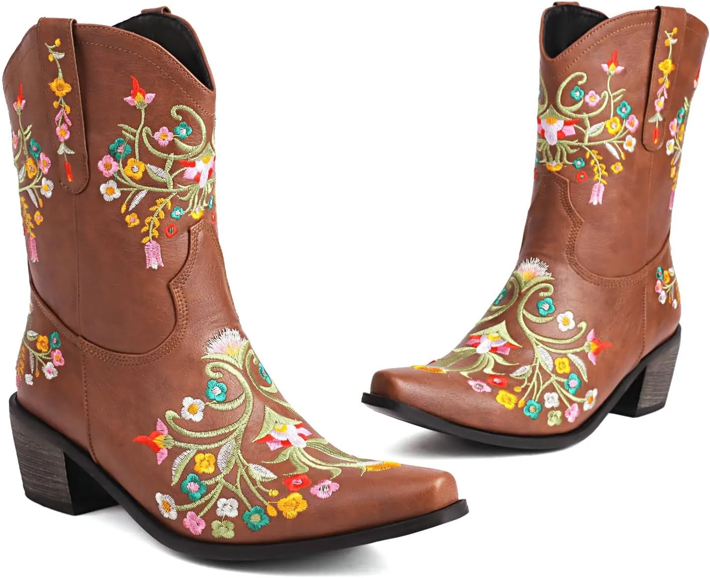 KiutSymo Cowboy Boots for Women Booties Ankle Cowgirl Boots Short Boots Square Toe Western Boots Flower Embroidered Chunky Heel Pull On Mid Calf Boots