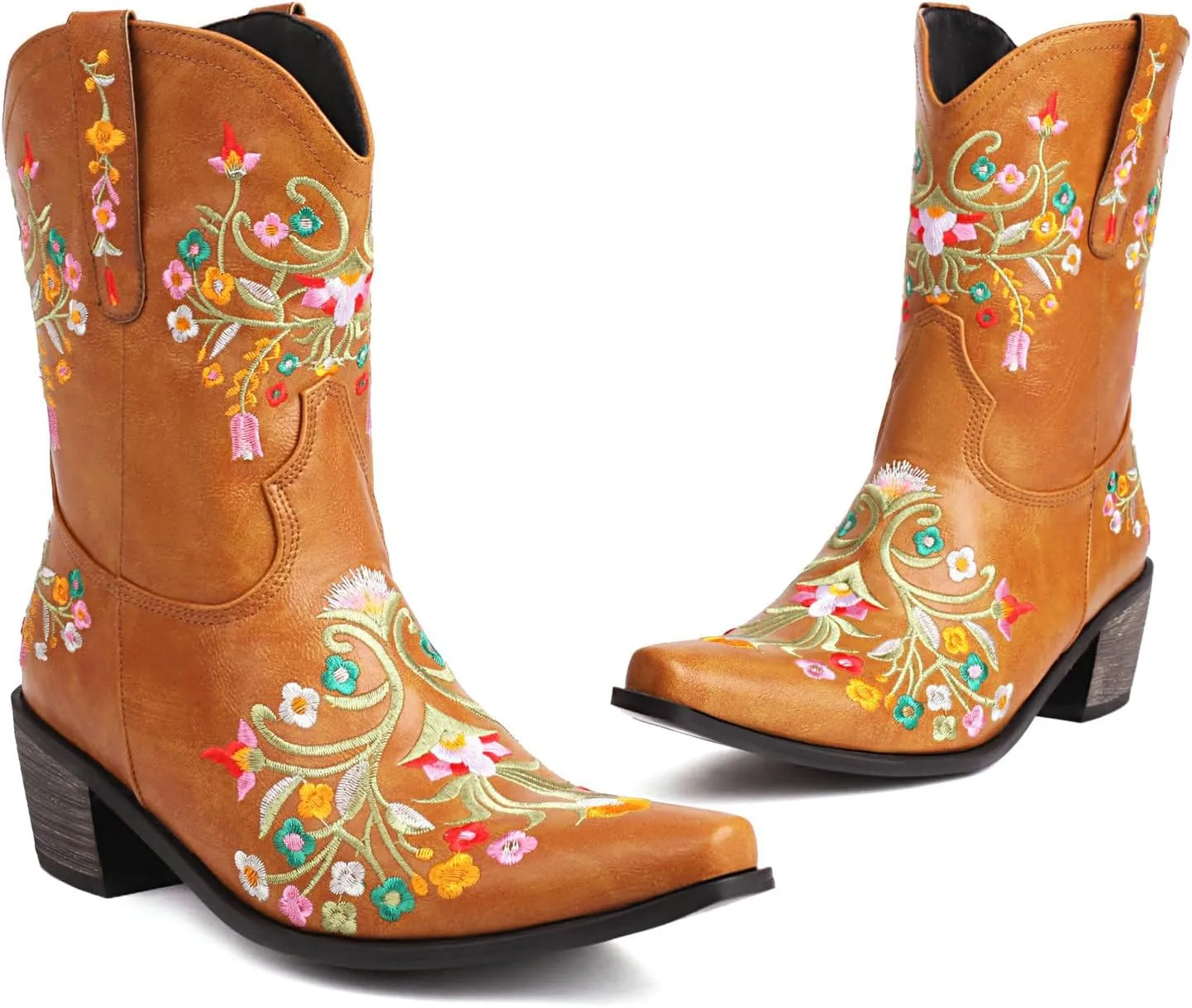 KiutSymo Cowboy Boots for Women Booties Ankle Cowgirl Boots Short Boots Square Toe Western Boots Flower Embroidered Chunky Heel Pull On Mid Calf Boots