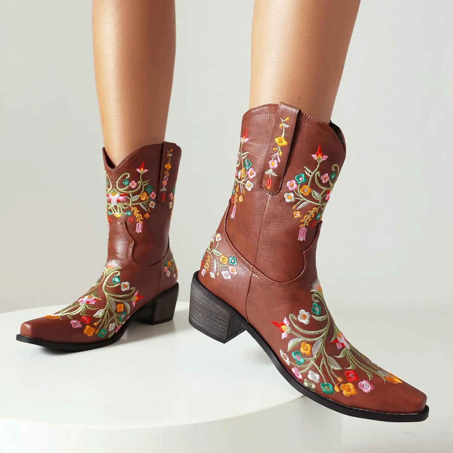 KiutSymo Cowboy Boots for Women Booties Ankle Cowgirl Boots Short Boots Square Toe Western Boots Flower Embroidered Chunky Heel Pull On Mid Calf Boots