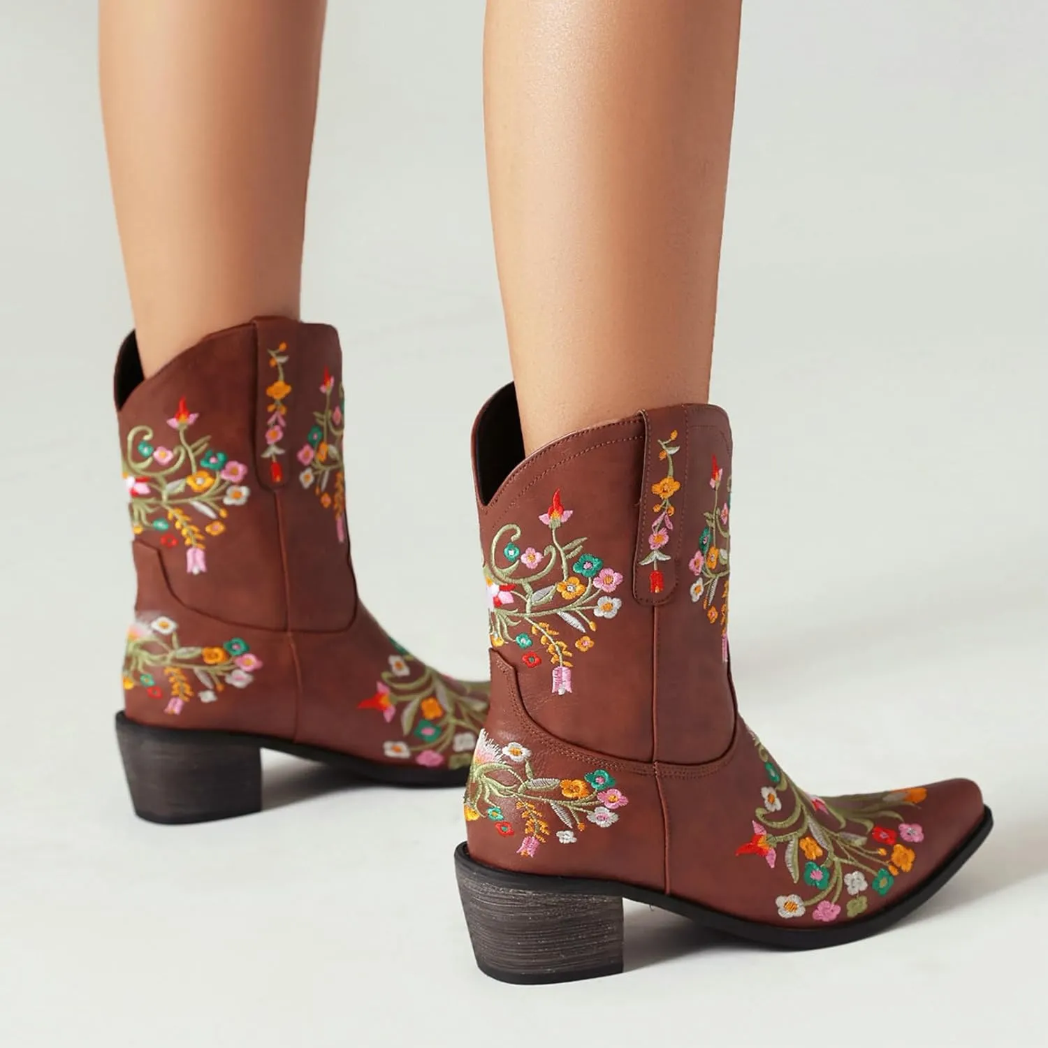 KiutSymo Cowboy Boots for Women Booties Ankle Cowgirl Boots Short Boots Square Toe Western Boots Flower Embroidered Chunky Heel Pull On Mid Calf Boots