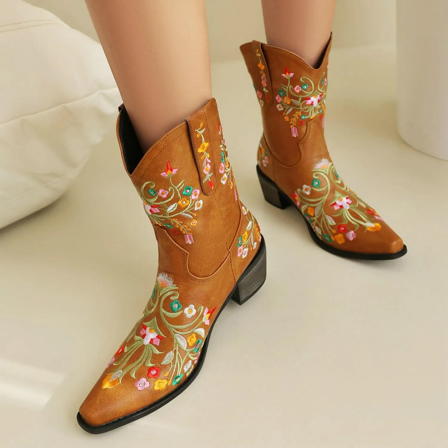 KiutSymo Cowboy Boots for Women Booties Ankle Cowgirl Boots Short Boots Square Toe Western Boots Flower Embroidered Chunky Heel Pull On Mid Calf Boots