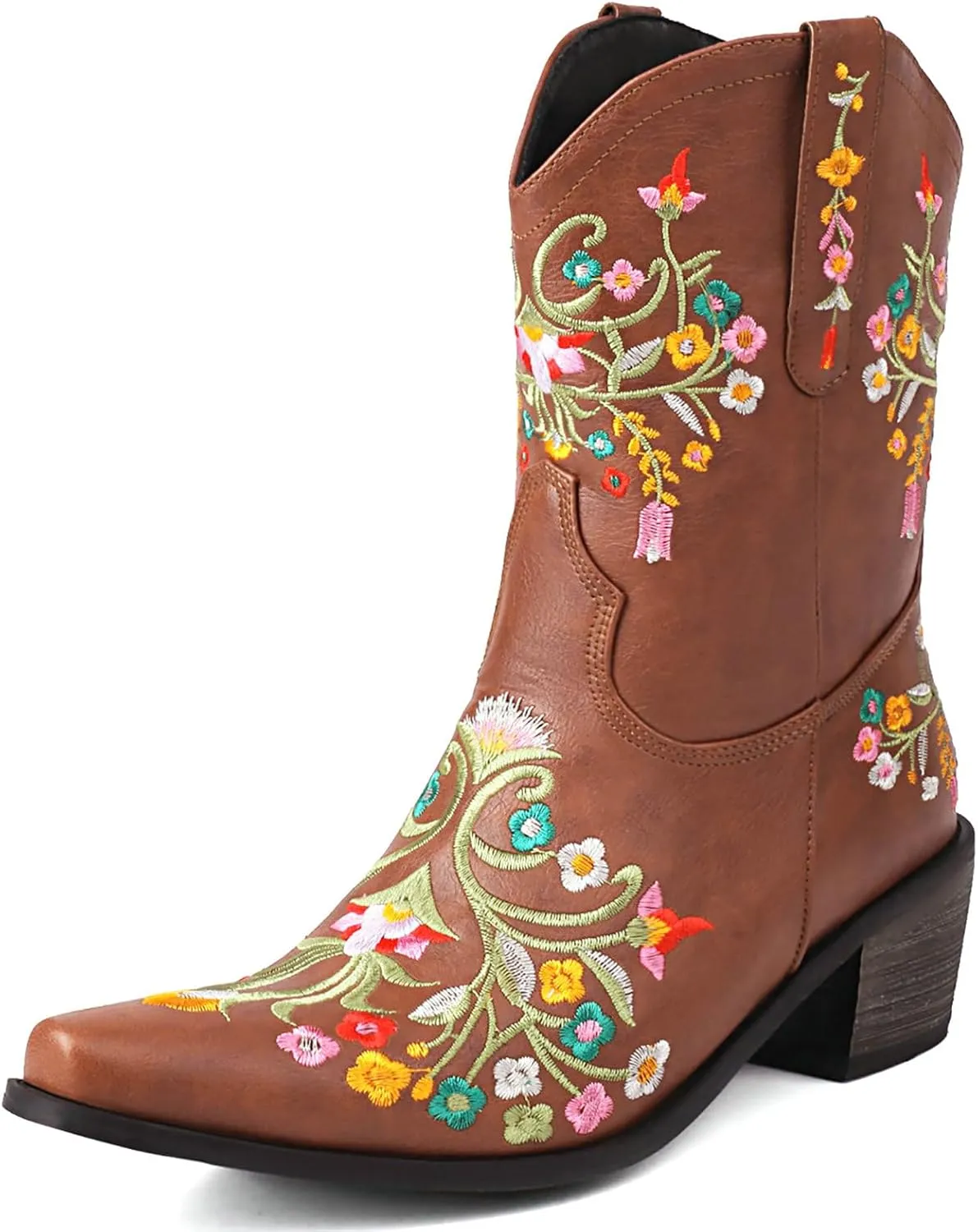 KiutSymo Cowboy Boots for Women Booties Ankle Cowgirl Boots Short Boots Square Toe Western Boots Flower Embroidered Chunky Heel Pull On Mid Calf Boots