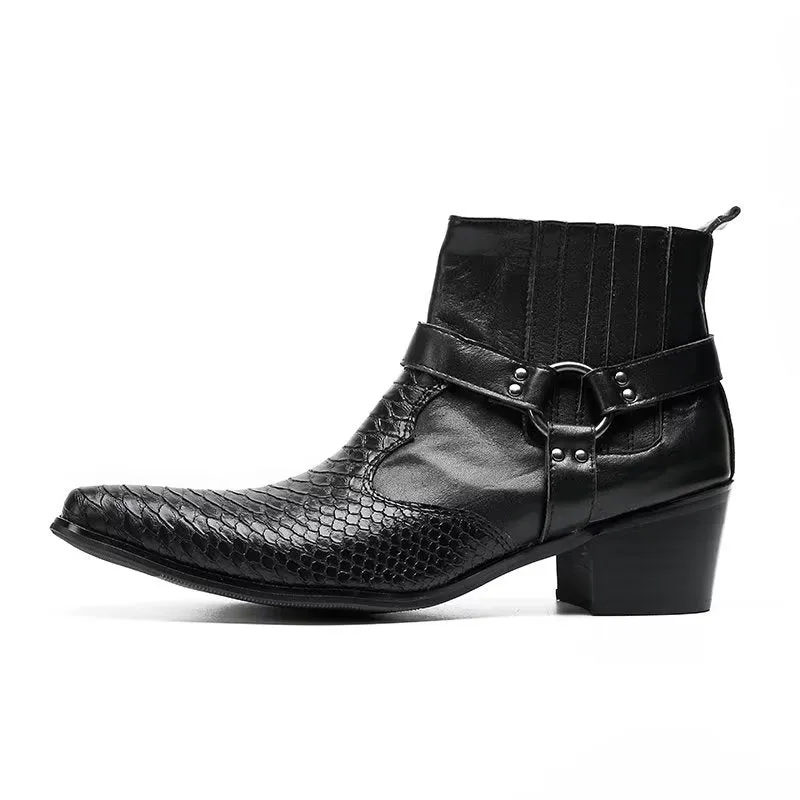 Luxury Serpent Black Leather Party Ankle Boots
