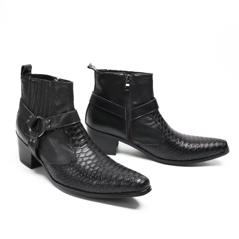 Luxury Serpent Black Leather Party Ankle Boots