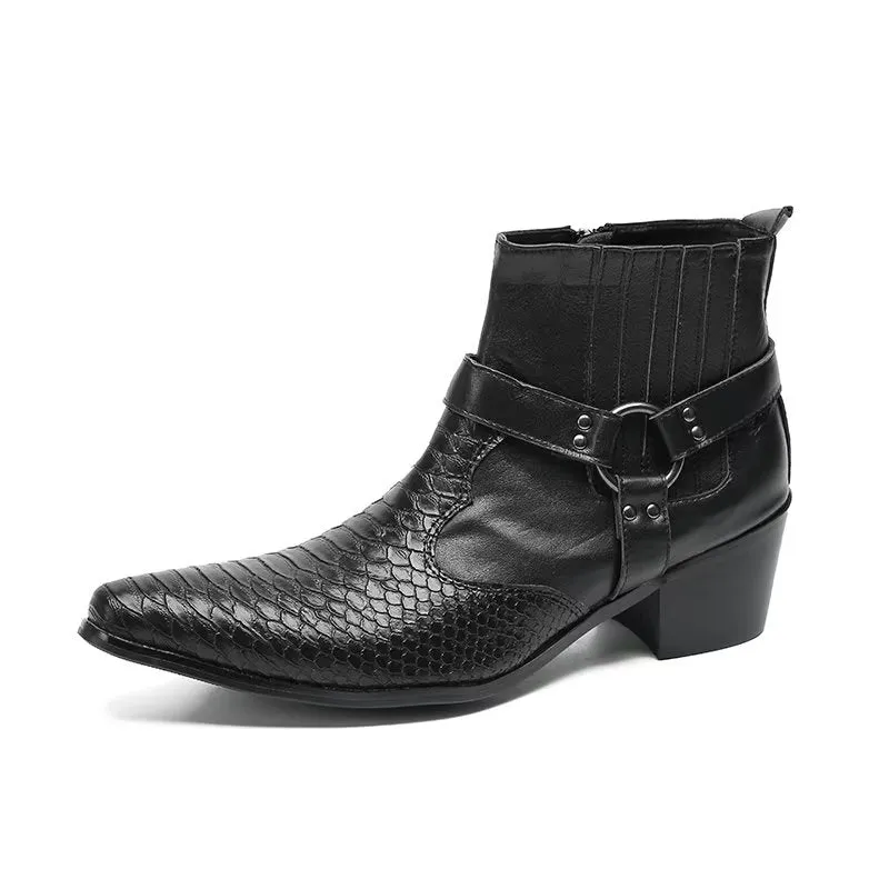 Luxury Serpent Black Leather Party Ankle Boots