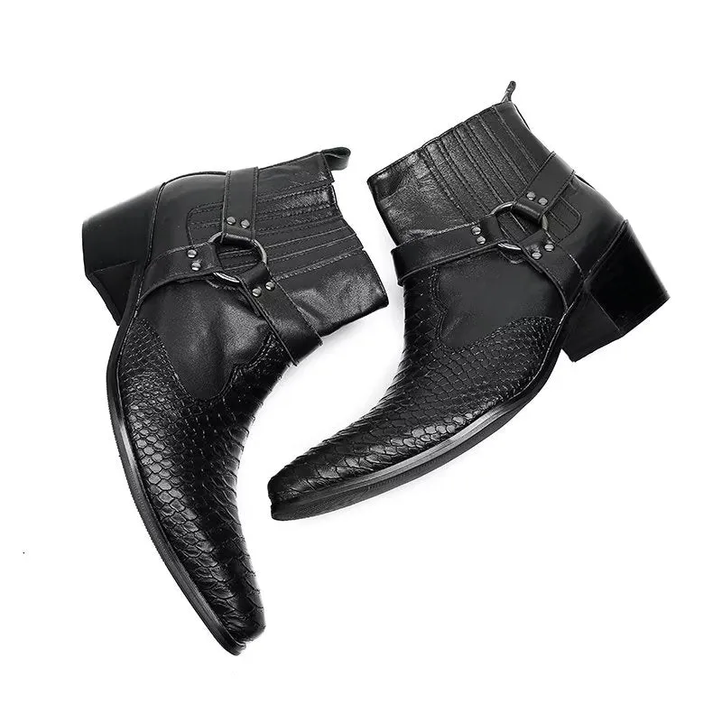 Luxury Serpent Black Leather Party Ankle Boots