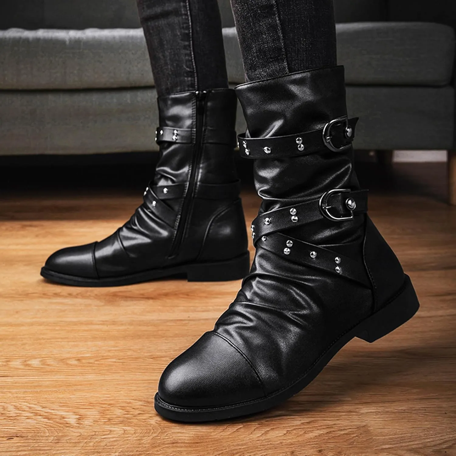 Men's Leather Mid Calf Military Tactical Combat Motorcycle Boots Buckle With Waterproof Metal Military Motorcycle Riding Punk Rock Shoes