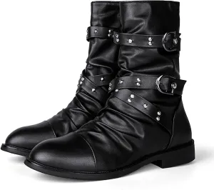 Men's Leather Mid Calf Military Tactical Combat Motorcycle Boots Buckle With Waterproof Metal Military Motorcycle Riding Punk Rock Shoes