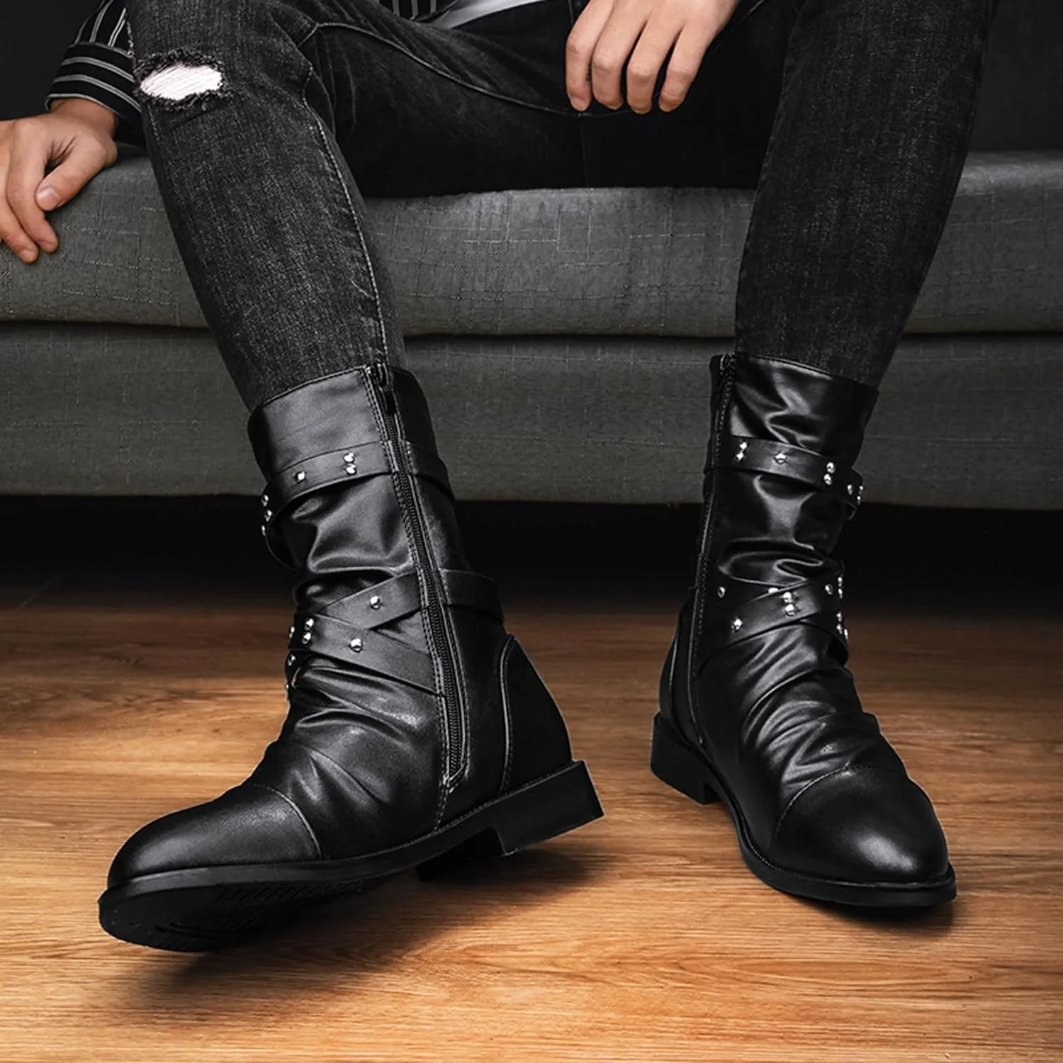 Men's Leather Mid Calf Military Tactical Combat Motorcycle Boots Buckle With Waterproof Metal Military Motorcycle Riding Punk Rock Shoes