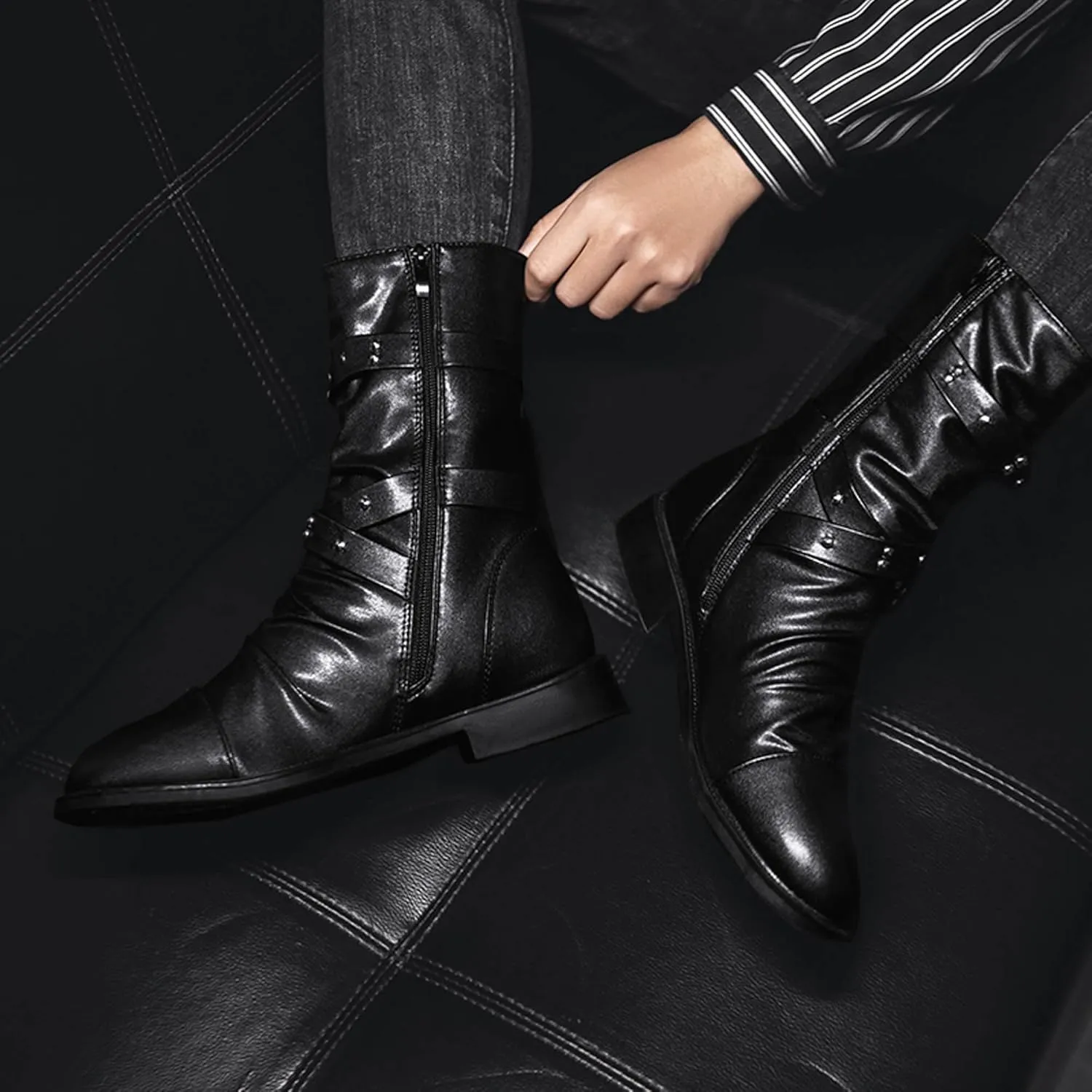 Men's Leather Mid Calf Military Tactical Combat Motorcycle Boots Buckle With Waterproof Metal Military Motorcycle Riding Punk Rock Shoes