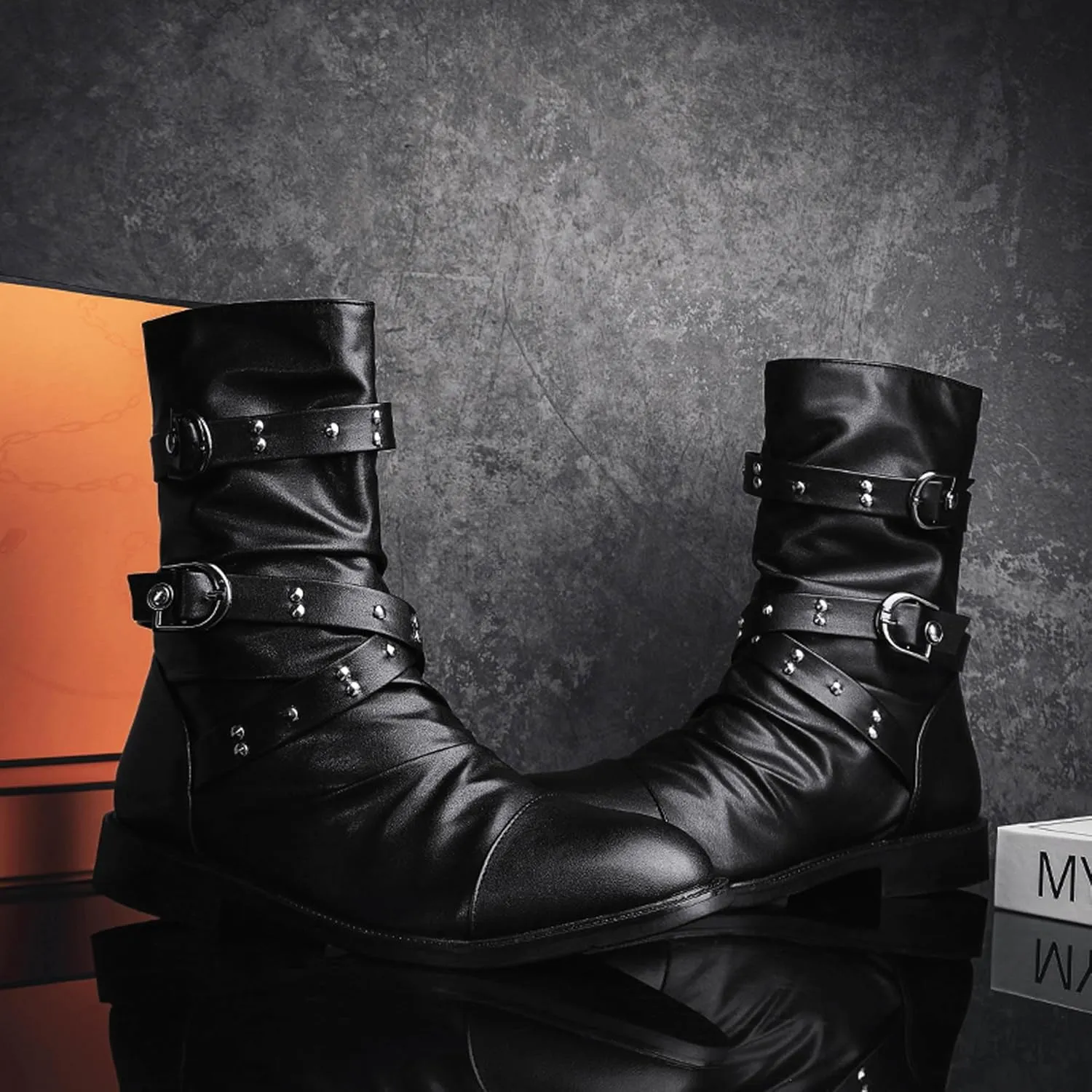 Men's Leather Mid Calf Military Tactical Combat Motorcycle Boots Buckle With Waterproof Metal Military Motorcycle Riding Punk Rock Shoes