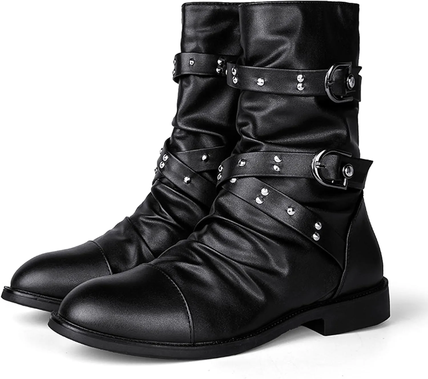Men's Leather Mid Calf Military Tactical Combat Motorcycle Boots Buckle With Waterproof Metal Military Motorcycle Riding Punk Rock Shoes