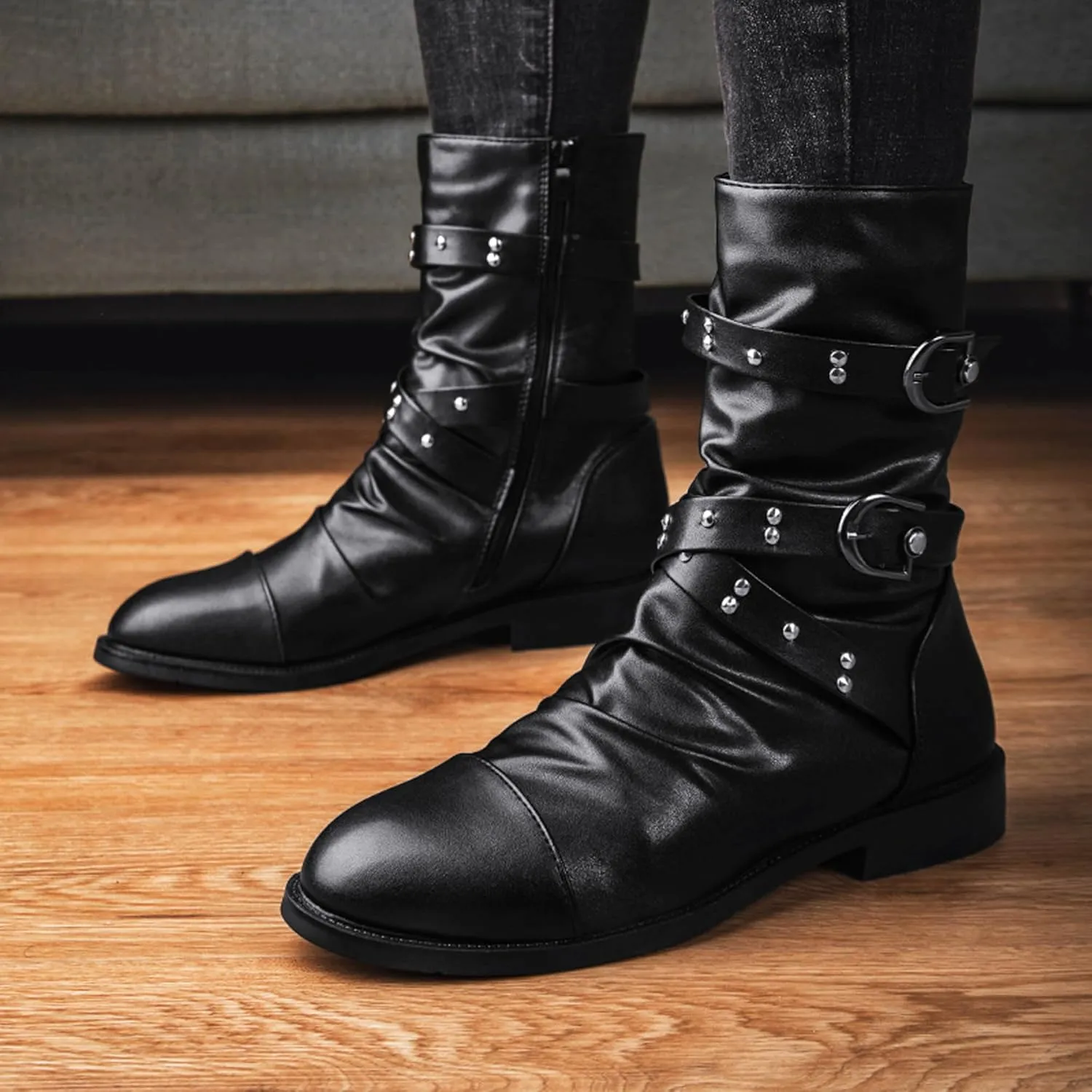Men's Leather Mid Calf Military Tactical Combat Motorcycle Boots Buckle With Waterproof Metal Military Motorcycle Riding Punk Rock Shoes