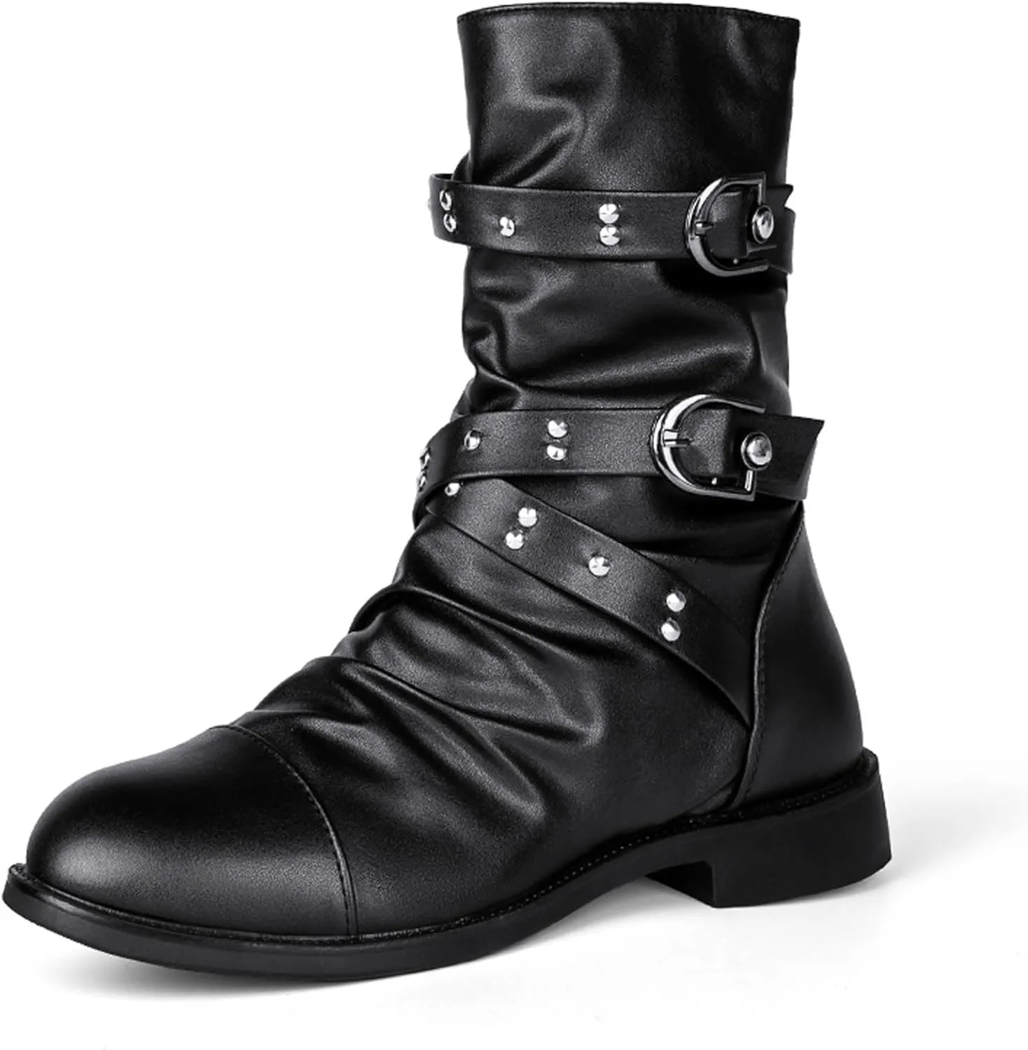 Men's Leather Mid Calf Military Tactical Combat Motorcycle Boots Buckle With Waterproof Metal Military Motorcycle Riding Punk Rock Shoes