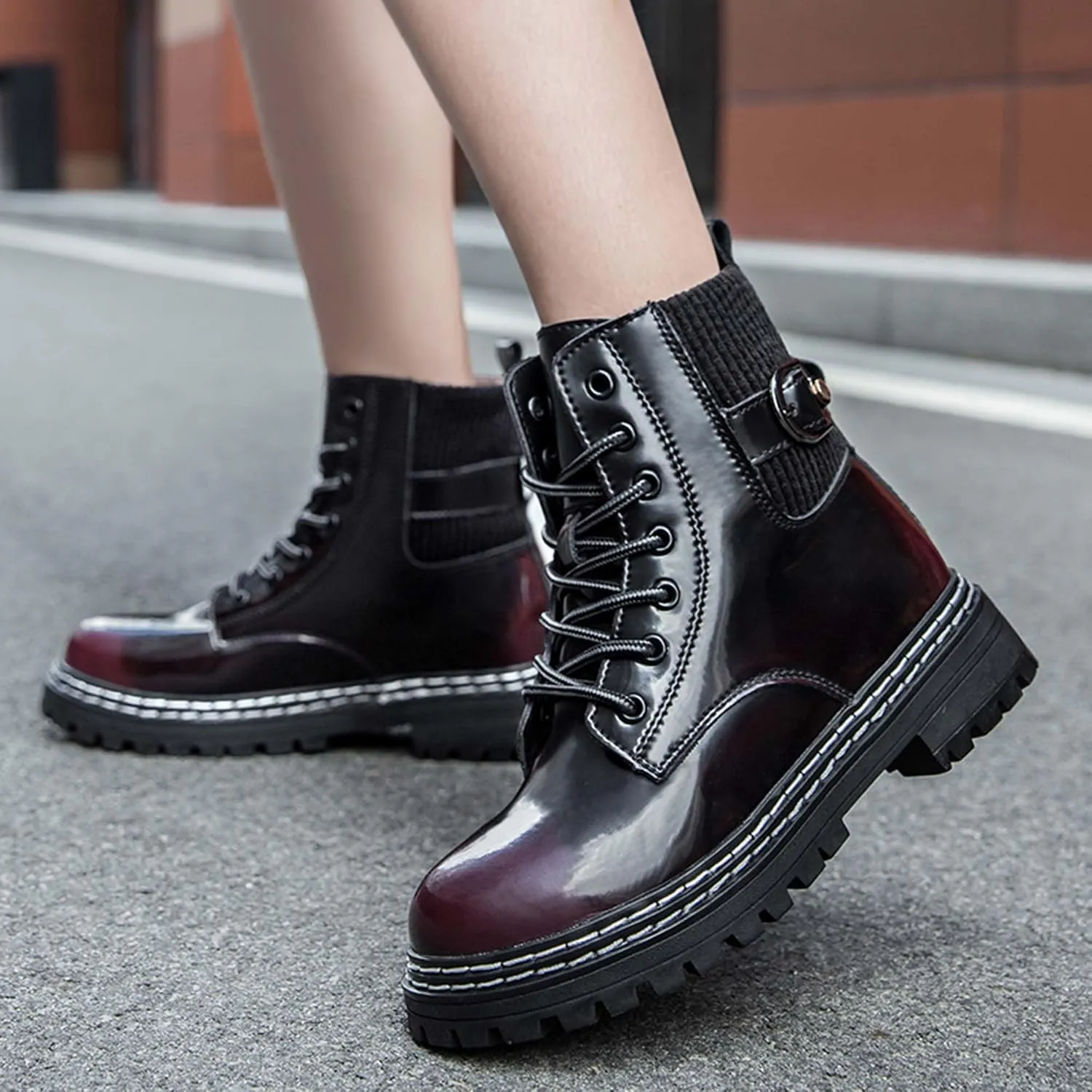 Motorcycle Riding Boots for Men and Women-Street Fashion Combat Boots-Classic Black Lace-Up Oxford Boots-Waterproof Leather Bicycle Boots-Ankle Support Height Enhancement Boots