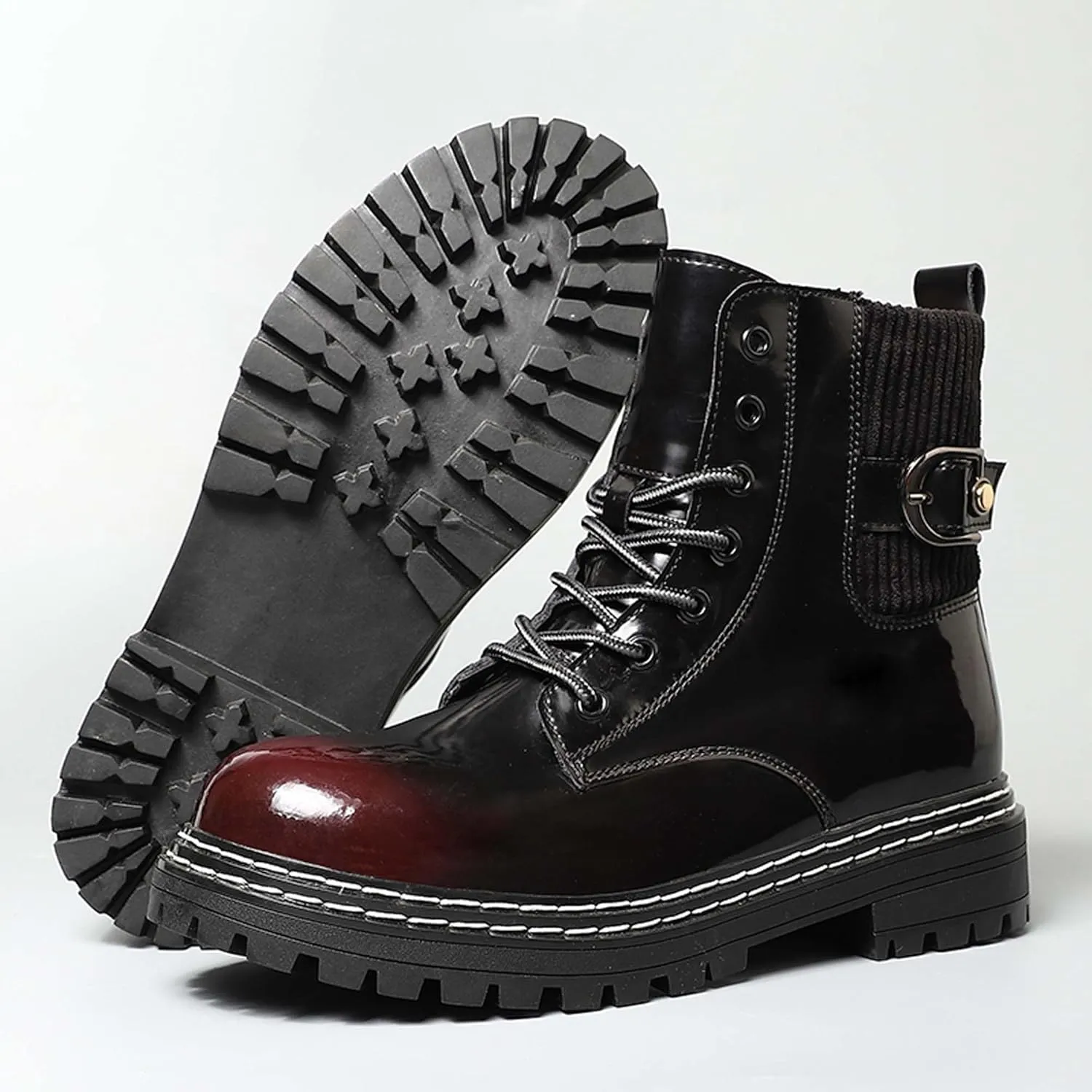 Motorcycle Riding Boots for Men and Women-Street Fashion Combat Boots-Classic Black Lace-Up Oxford Boots-Waterproof Leather Bicycle Boots-Ankle Support Height Enhancement Boots