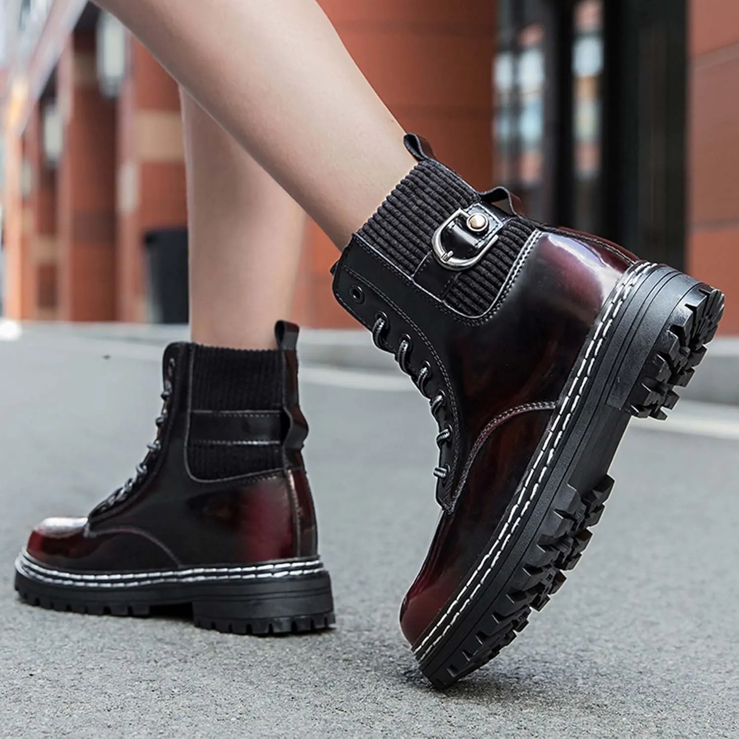 Motorcycle Riding Boots for Men and Women-Street Fashion Combat Boots-Classic Black Lace-Up Oxford Boots-Waterproof Leather Bicycle Boots-Ankle Support Height Enhancement Boots