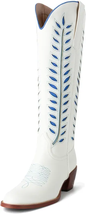 SIFINELAR Cowboy Bootsfor Women,Embroidery Knee High Cowgirl Boots, Pointed Toe Chunky Heel Western Boots White 10