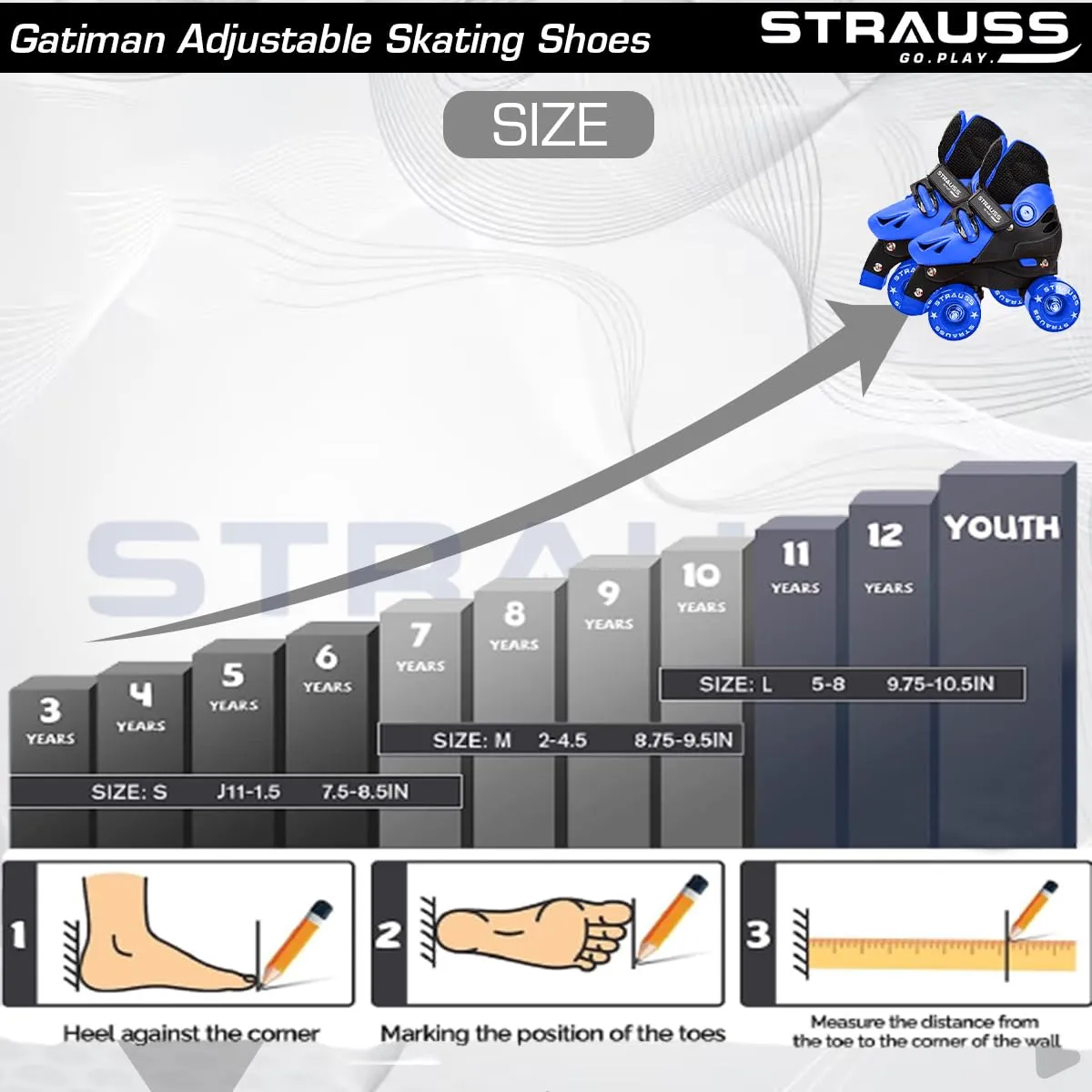 STRAUSS Gatiman Adjustable Skating Indoor Wheel Shoes | Latest Designed Roller Skates with Break | Ideal for Boys and Girls | Adjustable 4 Wheels Skating Shoe | Size: Senior (Black/Blue)