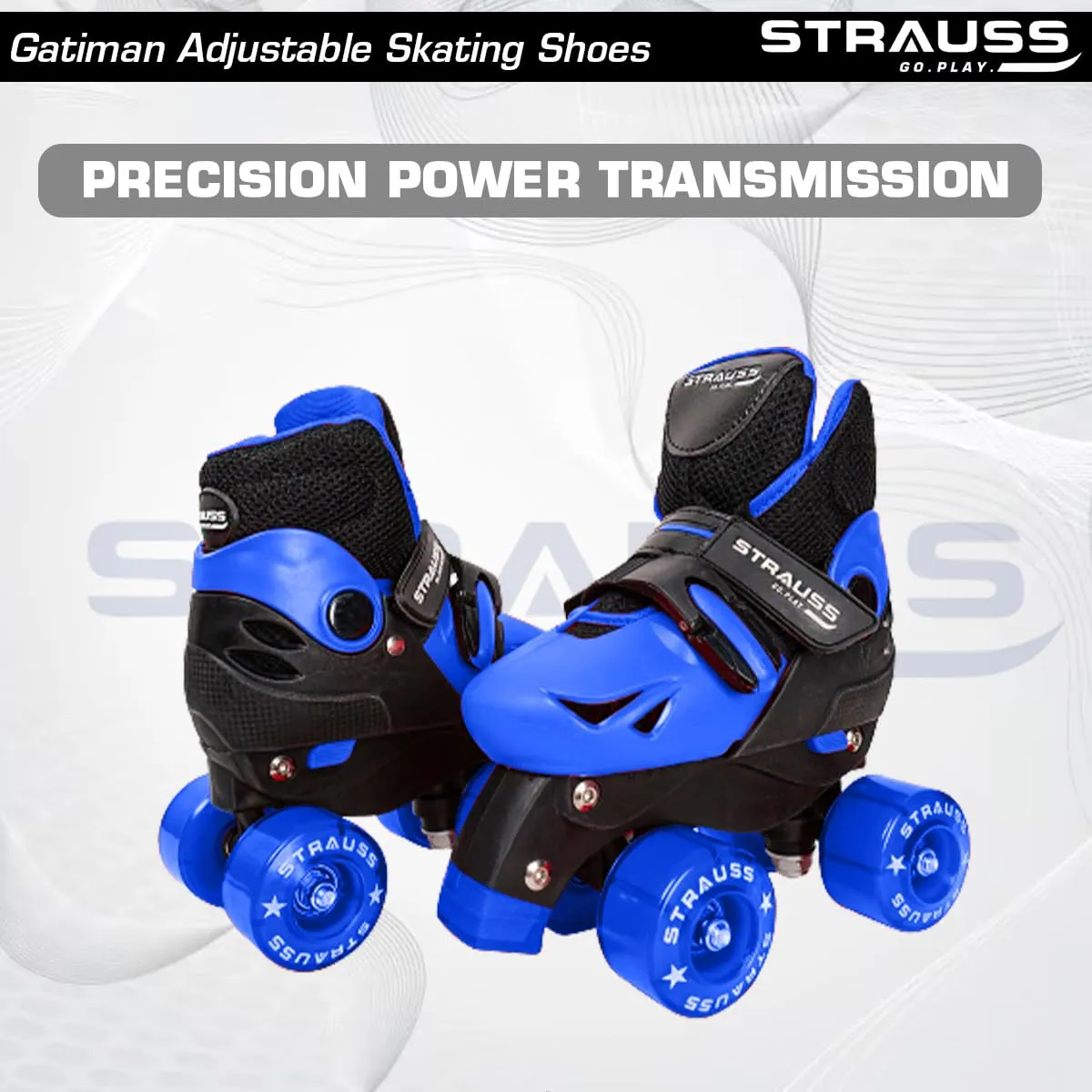 STRAUSS Gatiman Adjustable Skating Indoor Wheel Shoes | Latest Designed Roller Skates with Break | Ideal for Boys and Girls | Adjustable 4 Wheels Skating Shoe | Size: Senior (Black/Blue)