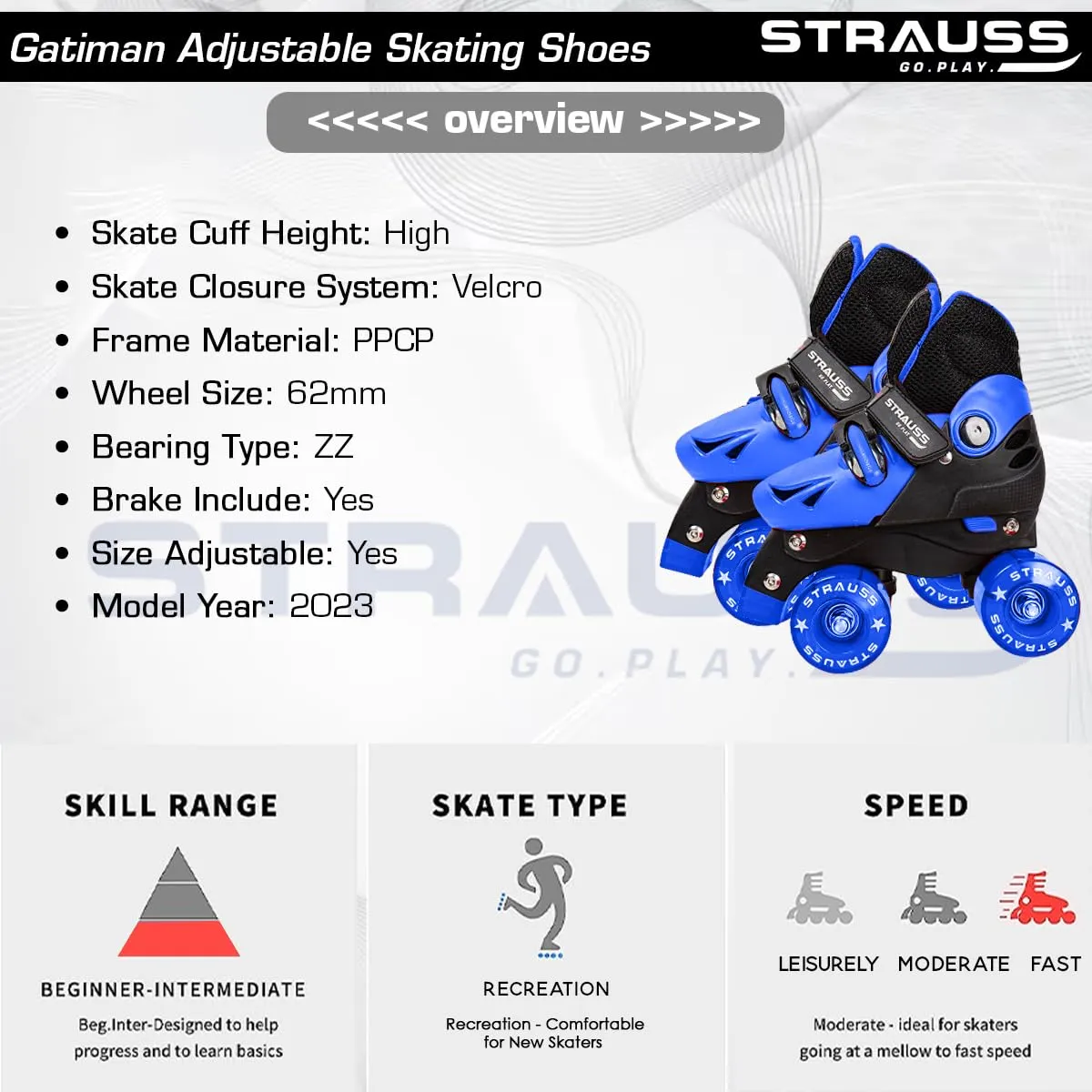 STRAUSS Gatiman Adjustable Skating Indoor Wheel Shoes | Latest Designed Roller Skates with Break | Ideal for Boys and Girls | Adjustable 4 Wheels Skating Shoe | Size: Senior (Black/Blue)