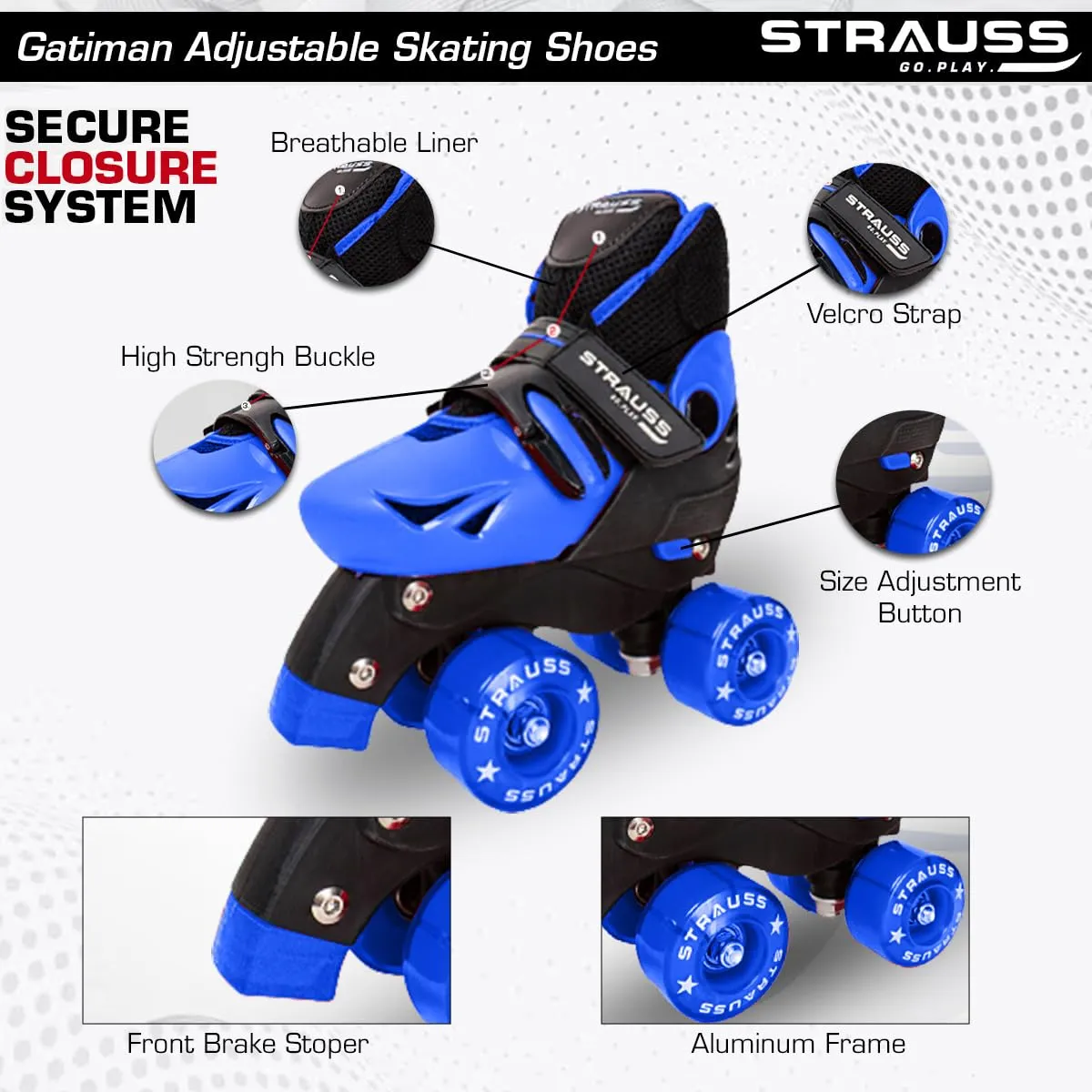 STRAUSS Gatiman Adjustable Skating Indoor Wheel Shoes | Latest Designed Roller Skates with Break | Ideal for Boys and Girls | Adjustable 4 Wheels Skating Shoe | Size: Senior (Black/Blue)