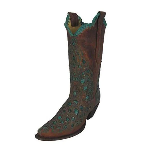 Women's Embroidered and Studded Turquoise Inlay Woven Snip Toe Cowgirl Boots - R1419