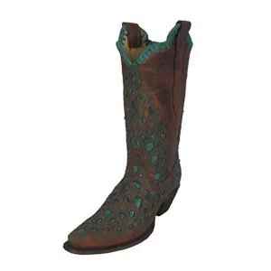 Women's Embroidered and Studded Turquoise Inlay Woven Snip Toe Cowgirl Boots - R1419