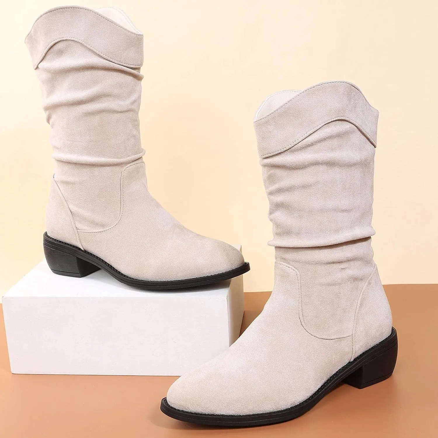 ZBYY Women's Mid Calf Winter Boots Fashion Low Heel Calf Boots Slouch Weather Boots Classic Round Toe Ankle Booties