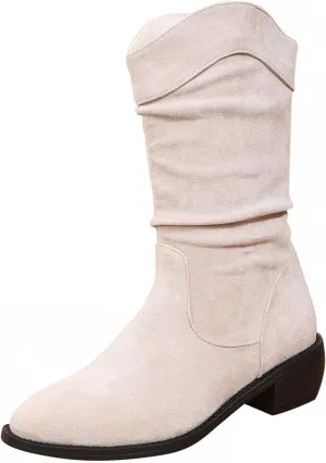 ZBYY Women's Mid Calf Winter Boots Fashion Low Heel Calf Boots Slouch Weather Boots Classic Round Toe Ankle Booties