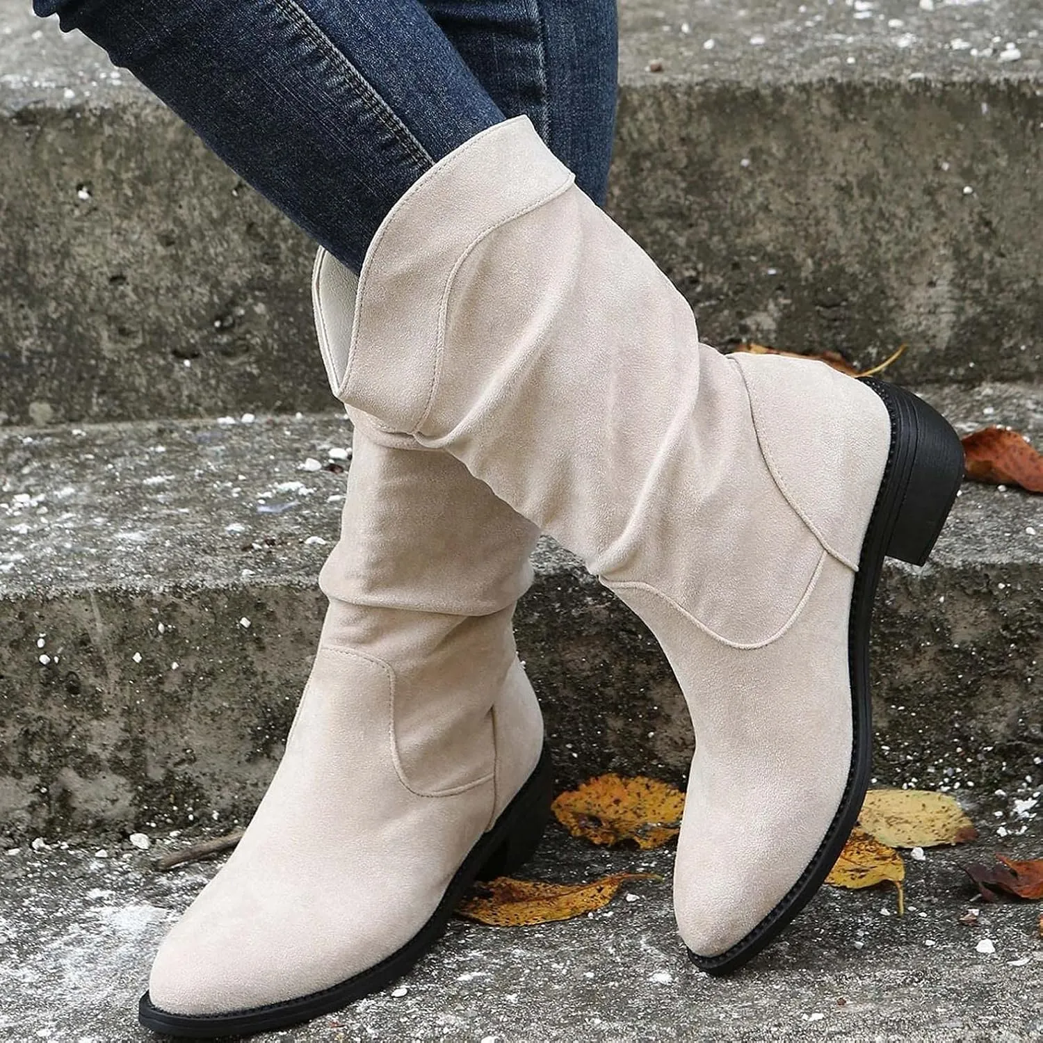 ZBYY Women's Mid Calf Winter Boots Fashion Low Heel Calf Boots Slouch Weather Boots Classic Round Toe Ankle Booties