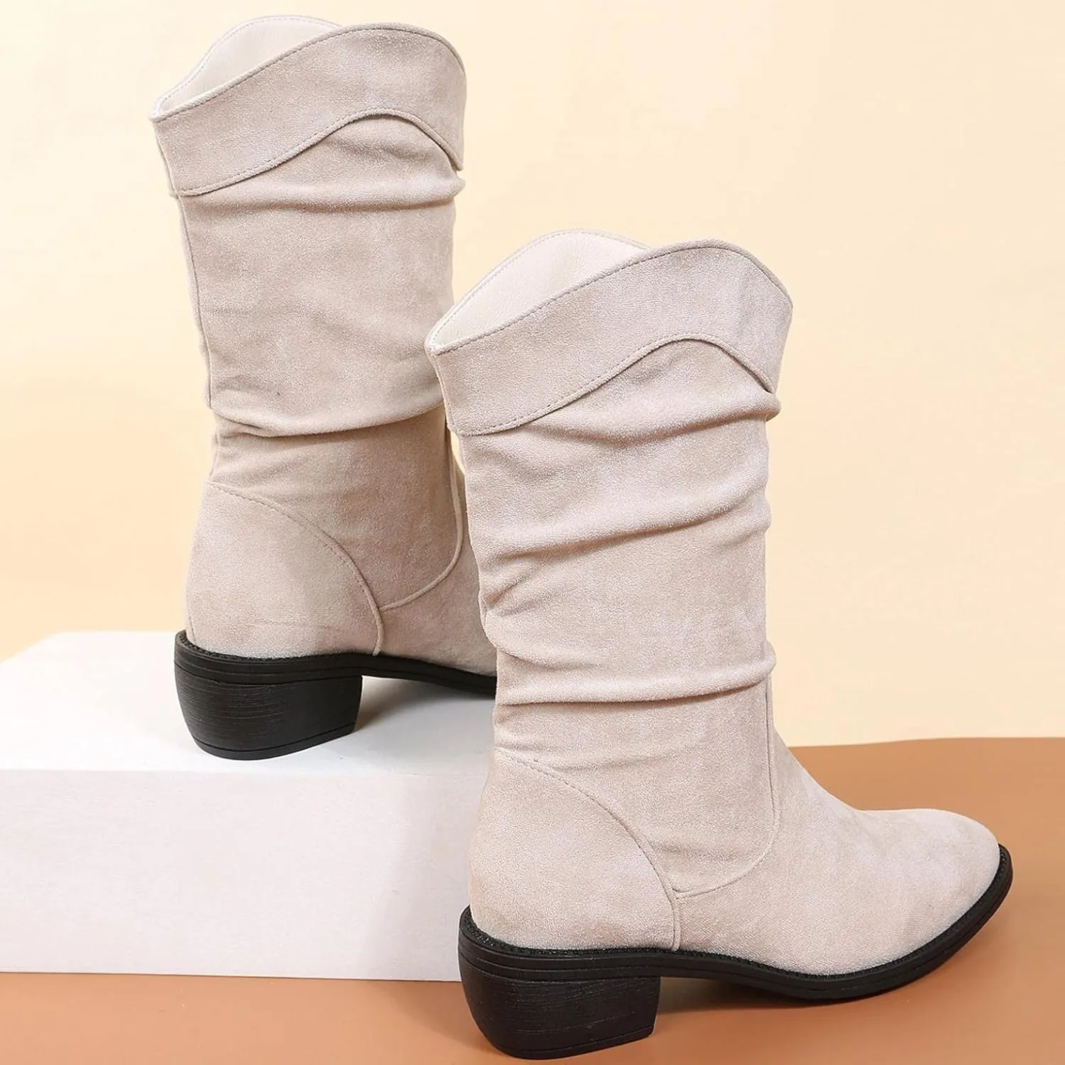 ZBYY Women's Mid Calf Winter Boots Fashion Low Heel Calf Boots Slouch Weather Boots Classic Round Toe Ankle Booties